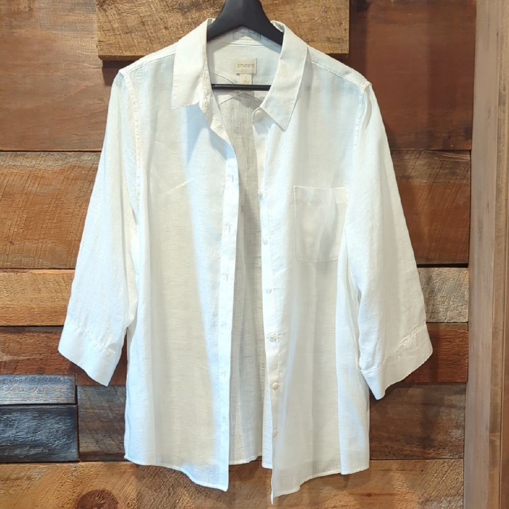 Chico's Linen White Button Down Shirt for Women Plus Size 3